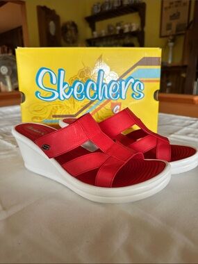 Skechers Red Strappy Slip-On Wedge Sandals with White Platform